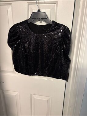 Black Halo Black Sequin Puff-Sleeve Top